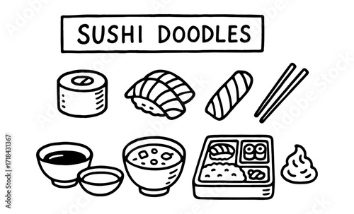 Hand drawn sushi doodles collection with nigiri, maki, and bento box