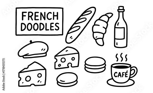 Charming french doodles featuring bread, cheese, and coffee in simple black and white line art