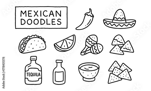 Hand drawn mexican food and culture doodles with tacos, chili, and nachos