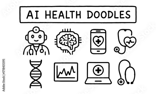 Ai health doodles: hand drawn medical technology icons with heart, brain, and dna