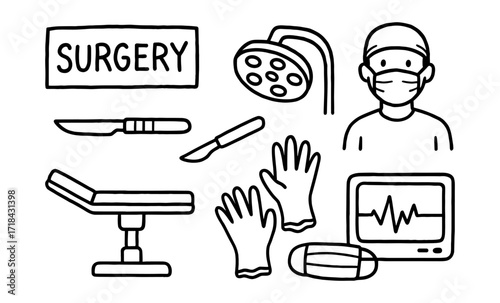 Hand drawn minimalist surgery elements: tools, equipment, and professional