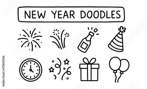 Festive new year celebration doodles: fireworks, champagne, party hat, and more