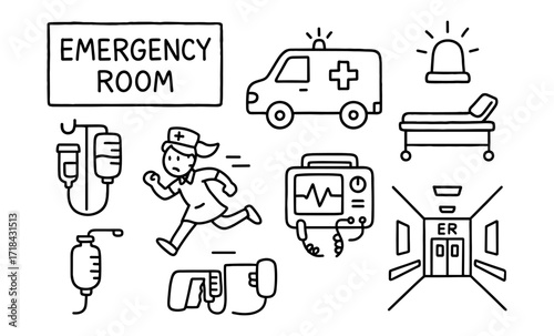 Emergency room symbols with medical icon set in simple line art style