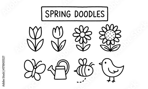 Charming spring doodles: flowers, animals, and garden designs in line art style
