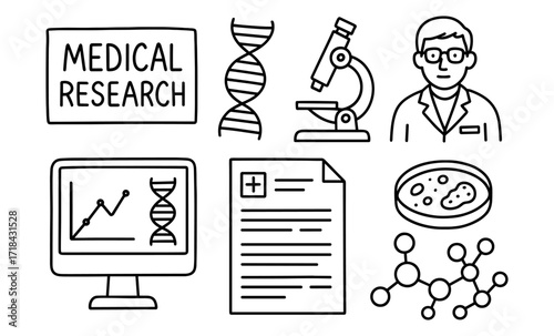 Medical research icons: dna, microscope, and scientist in linear style