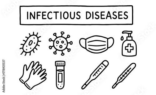 Outline icons of infectious disease prevention: mask, virus, thermometer, sanitizer