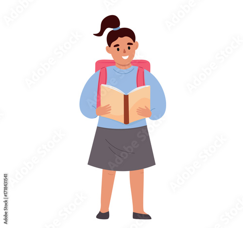 A girl holds a book. A student with a schoolbag on her back reads. Vector flat graphics.