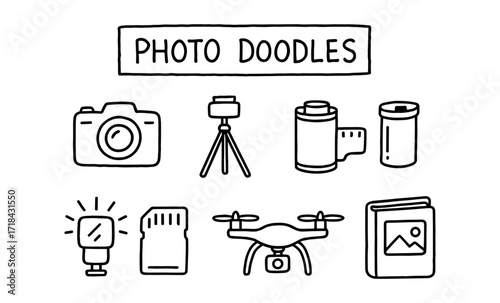 Hand drawn doodles of photography equipment including camera, tripod, and drone