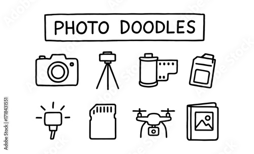 Essential photography icons: camera, tripod, drone and accessories in doodle style