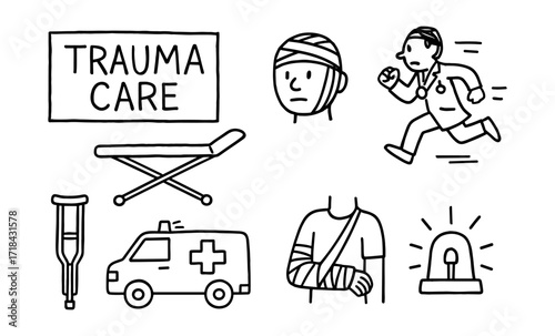 Simple line art of emergency medical care and trauma treatment icons