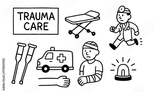 Healthcare doodles: medical equipment and personnel in black and white