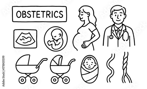 Hand drawn obstetrics elements: pregnant woman, doctor, ultrasound, baby, stroller