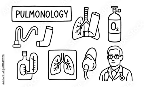 Pulmonology medical outline with doctor, lungs, inhaler, oxygen