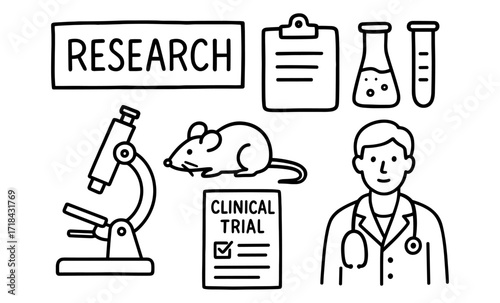 Scientific research icon set featuring lab equipment and scientist