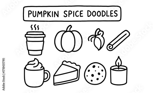 Pumpkin spice doodles: autumn icons including coffee, pie, and cinnamon