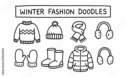 Hand drawn winter clothing doodles featuring cozy apparel art