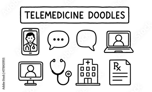 Telemedicine doodles: healthcare in the digital age with simple iconic style