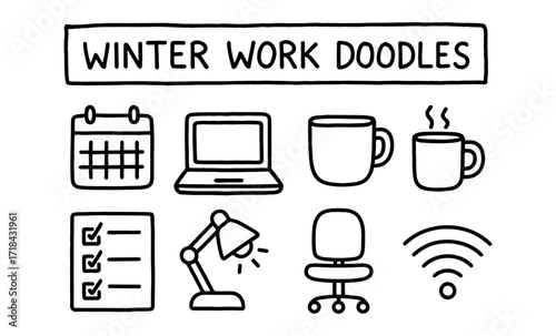 Winter office doodles: hand-drawn icons for remote work and planning