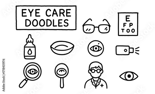 Eye care doodles featuring glasses, doctor, and optometry symbols in black and white