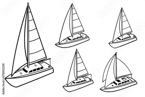 Seven clean yacht outlines in modern minimalist style, evenly spaced, resembling architectural sketches.