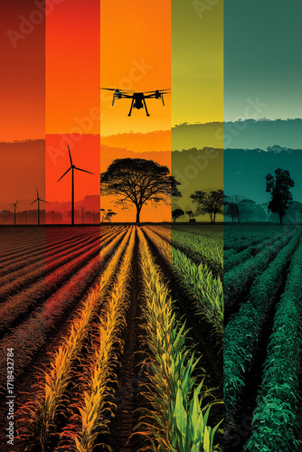 Drone flying over colorful agricultural fields with wind turbines and trees at sunset