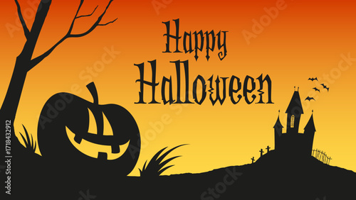 Happy Halloween background illustration with smiling halloween pumpkin, typography, haunted house and bats at dusk. Vector illustration in landscape format.