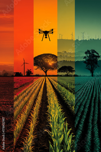 Drone flying over colorful agricultural fields, showcasing modern farming techniques