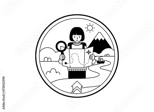 Woman with a map planning a journey, flat line art icon of an adventurer, for travel, discovery, and business strategy concepts, isolated vector.