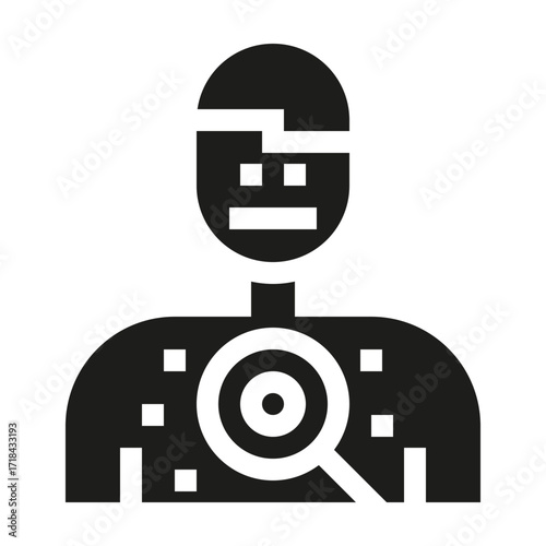 icono de detección de enfermedades. Diagnóstico médico y revisión de salud de la piel. Persona observada con lupa sobre el cuerpo humano. Ilustración vectorial
