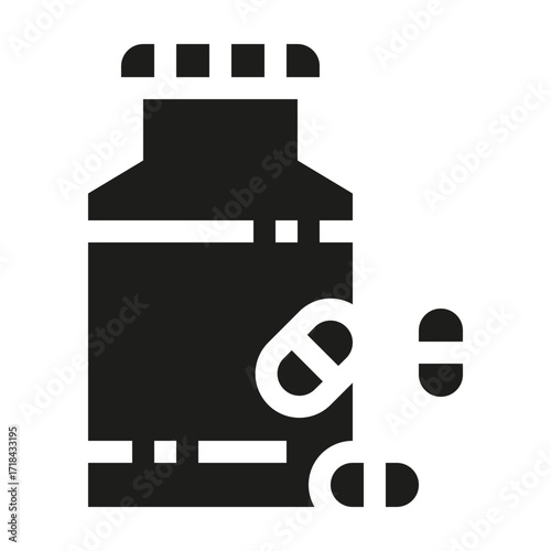 icono de frasco de medicinas. Tratamiento médico, salud y cuidado farmacéutico. Cápsulas de medicamento. Ilustración vectorial