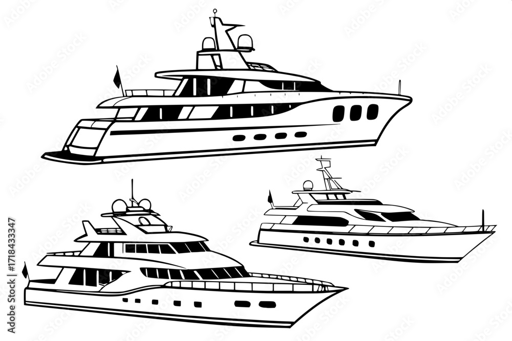 Obraz premium Black outline illustrations of luxury yachts, simplified forms with cabins and decks, presented as technical blueprints.