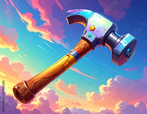 Colorful cartoon hammer in a sky
