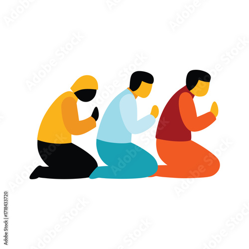 people kneeling together in prayer for unity on white background