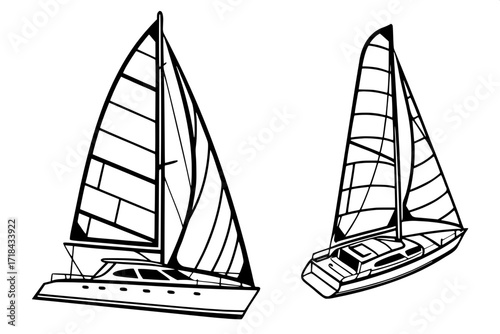 Minimalist yacht sketches with geometric symmetry, outlined in black, white background, flat perspective.