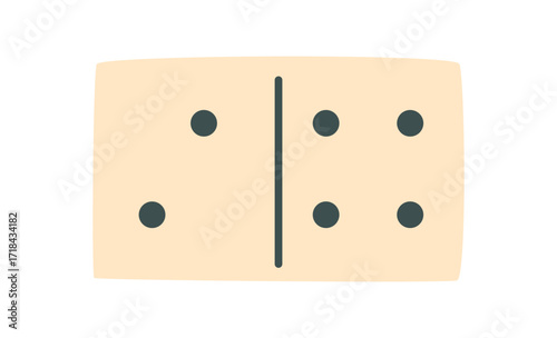 Flat domino tile with black dots. Game piece for childhood boardgame fun on a table. Classic graphic template design, play and leisure concept for family and recreation activities.