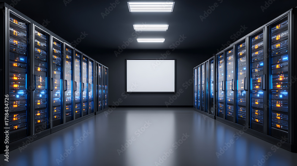 Fototapeta premium Modern server room with rows of illuminated server racks and a central display screen