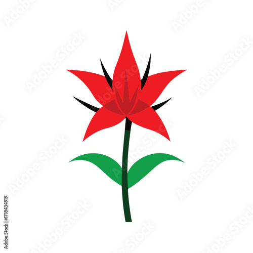 a single red lily blooming among sharp thorns on white background