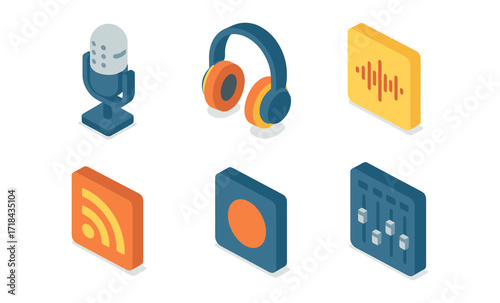 Colorful isometric icons of music and podcasting equipment for modern audio