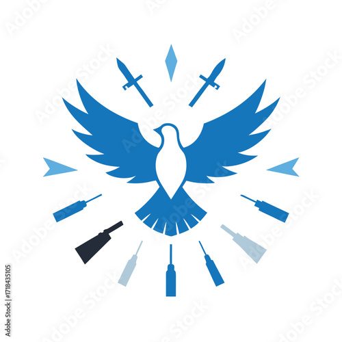 a dove of peace soaring above scattered weapons