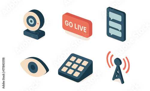 Modern isometric icons for live stream and communication technology