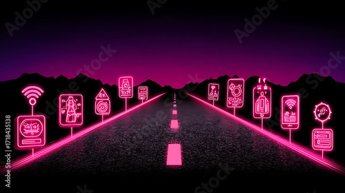 Neon-lit road with futuristic technology icons lining the sides, set against a dark landscape with glowing pink accents.