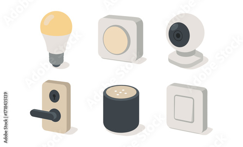 Isometric smart home devices: lightbulb, camera, smart speaker, door handle, switch