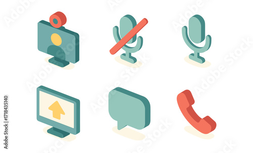 Isometric communication icons: microphone, video call, chat bubble, phone, upload