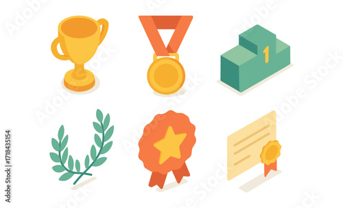 Isometric award set: trophies, medals, laurel, and podium icons