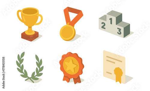 Awards and achievements collection: trophy, medal, podium, laurel, badge, certificate in isometric style
