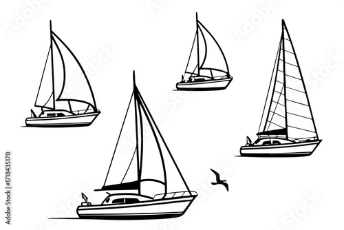 A collection of seven minimalist yacht silhouettes, drawn in clean black outlines on a white background, side view, evenly spaced.