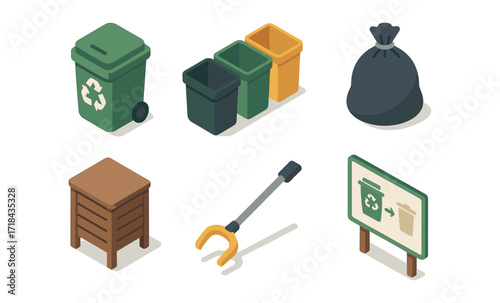 Isometric recycling objects with trash bins, bag, sign, and grabber