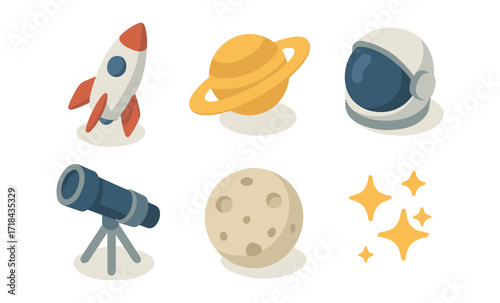 Playful space icons: rocket, planet, astronaut helmet, telescope, moon, stars