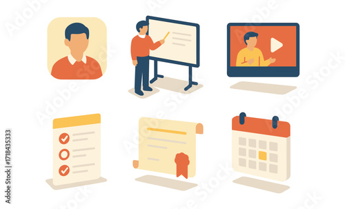 Isometric icons for online learning: tutorial, checklist, certificate, calendar
