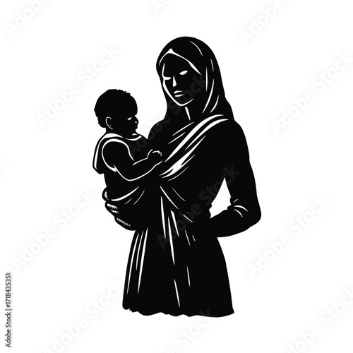 woman carrying starving child in famine on white background